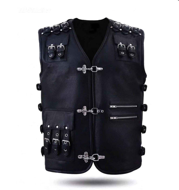 Real Leather Studded Biker Vest for Men – Heavy Duty with Buckles, Handmade Cow Leather Motorcycle Vest, Antique Brass Clasp, Biker Gift