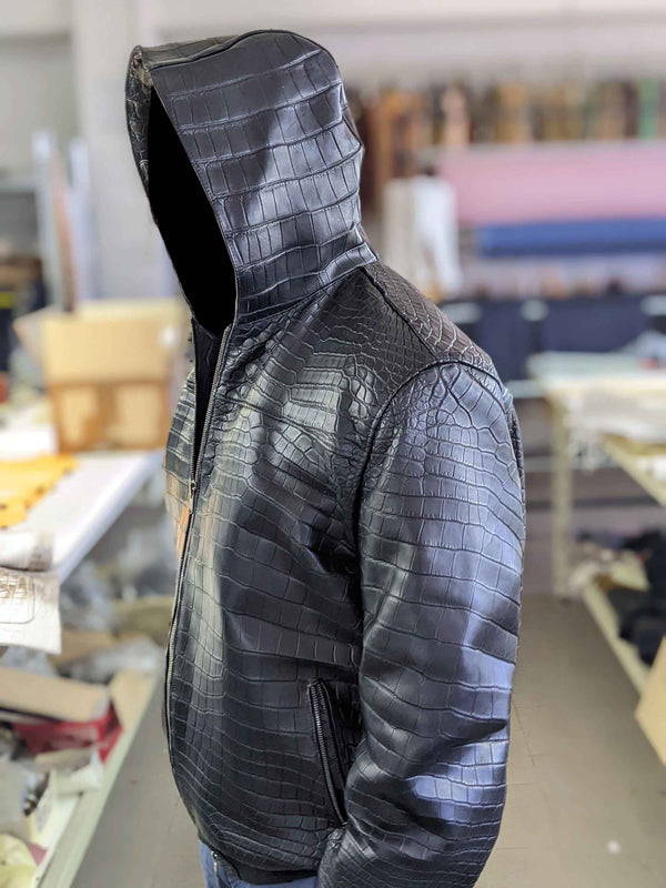 Men's Crocodile Embossed Genuine Cowhide Leather Jacket - Bomber Hooded Outerwear - Casual, Party, Cocktail, Travel Outfit - Gift For Him