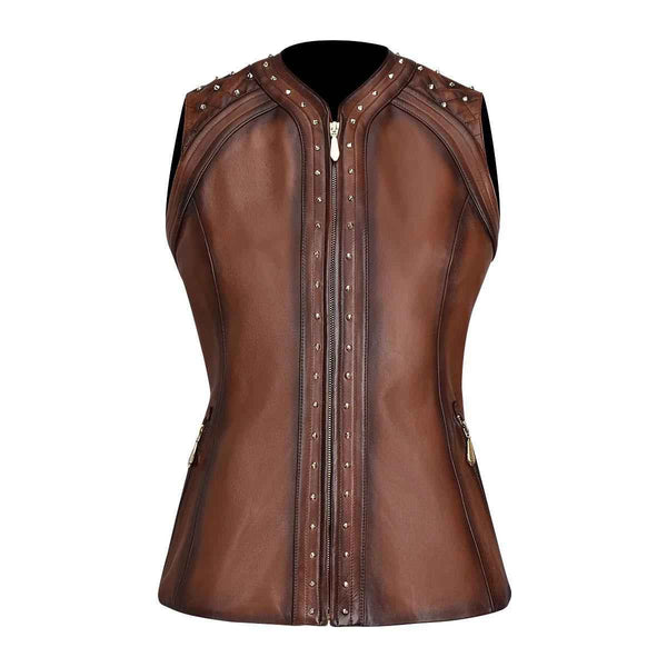 Brown Casual Fashion Leather Vest For Women, Genuine Black Leather Motorcycle Vest, Women's Biker Fashion, Motorcycle Club Style Waistcoat