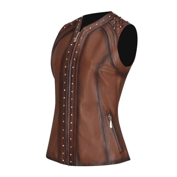 Brown Casual Fashion Leather Vest For Women, Genuine Black Leather Motorcycle Vest, Women's Biker Fashion, Motorcycle Club Style Waistcoat