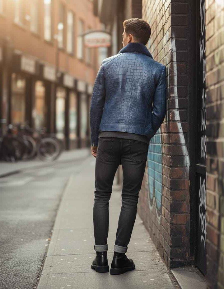 Genuine Crocodile Leather Jacket with Fur, Men's Crocodile /Alligator Leather Jacket Black Crocodile Pattern Embossed Crocodile Print Jacket