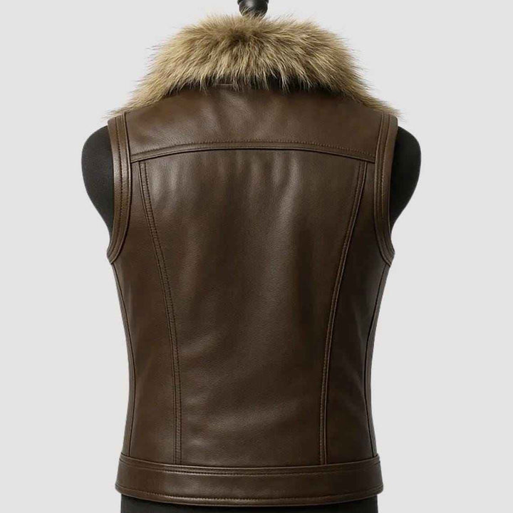 Men’s Brown Leather Biker Vest with Fur Collar, Genuine Sheepskin Hunting Café Racer Vest, Real Leather Sleeveless Jacket for Winter Fashion