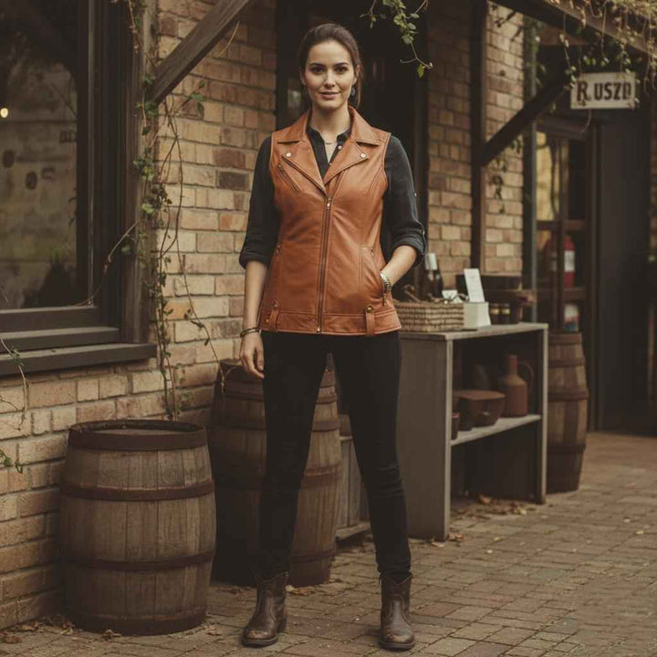 Luxury New Ladies Biker Waistcoat Tan Real Nappa Leather Casual Style Design | Real Leather Biker Vest | Women's Leather Vest | Gift for her