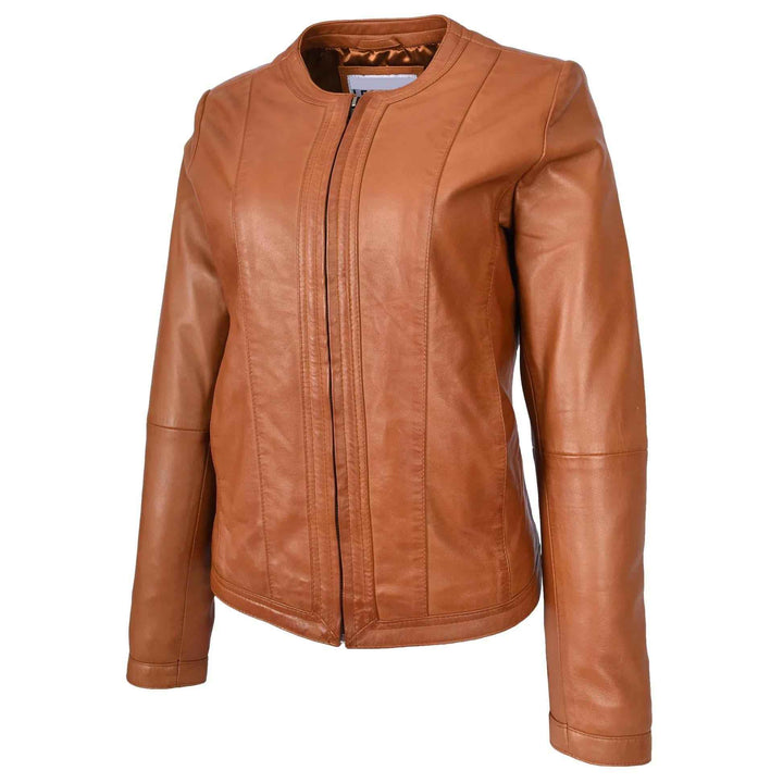 Womens Real Leather Collarless Fashion Jacket Slim Fit Style Tan, Handmade Custom Motorcycle Leather Jacket-Ladies Winter Leather Jacket