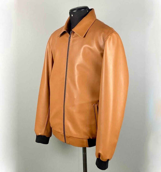 Handmade Men's Leather Bomber Jacket Lambskin Casual Tan Brown Leather Biker Jacket Vintage Leather Winter Jacket, Motorcycle Biker Jacket