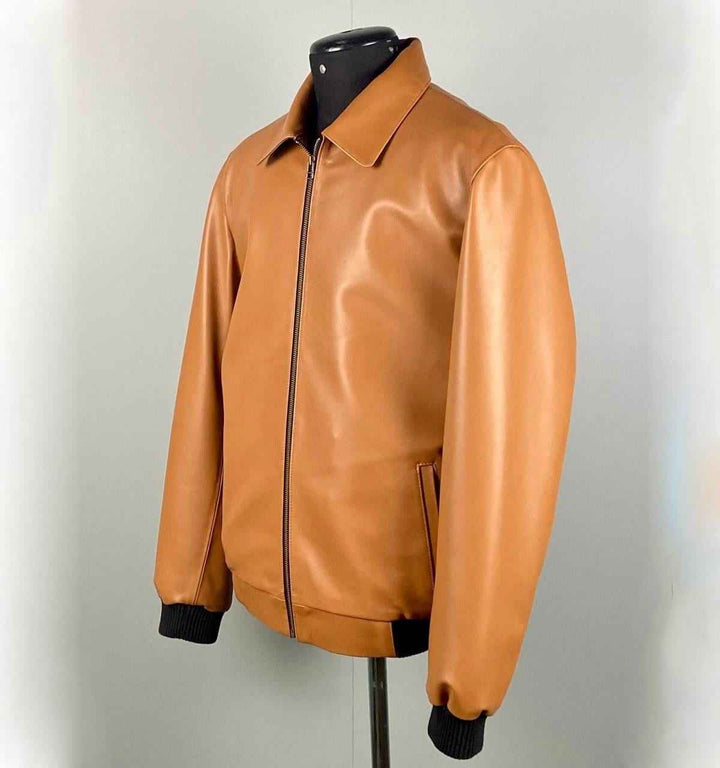 Handmade Men's Leather Bomber Jacket Lambskin Casual Tan Brown Leather Biker Jacket Vintage Leather Winter Jacket, Motorcycle Biker Jacket