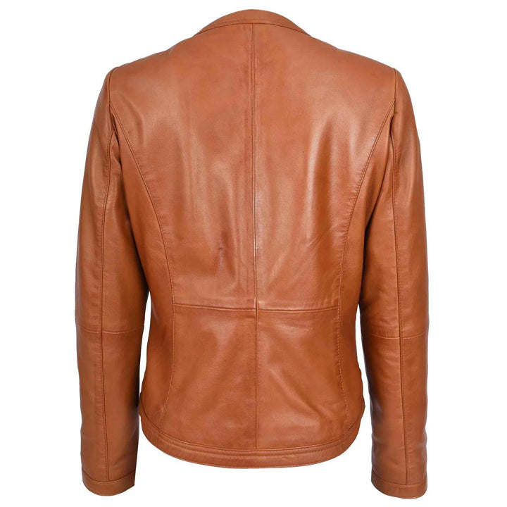 Womens Real Leather Collarless Fashion Jacket Slim Fit Style Tan, Handmade Custom Motorcycle Leather Jacket-Ladies Winter Leather Jacket