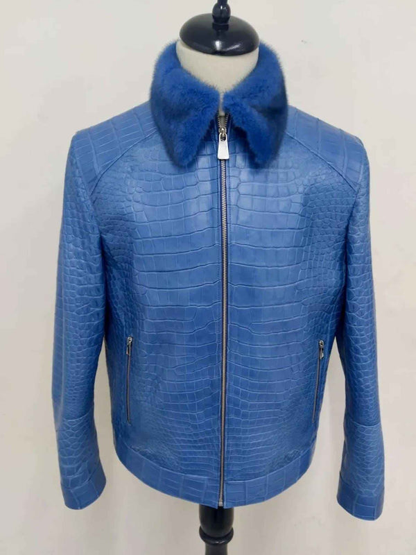 Genuine Crocodile Leather Jacket with Fur, Men's Crocodile /Alligator Leather Jacket Black Crocodile Pattern Embossed Crocodile Print Jacket
