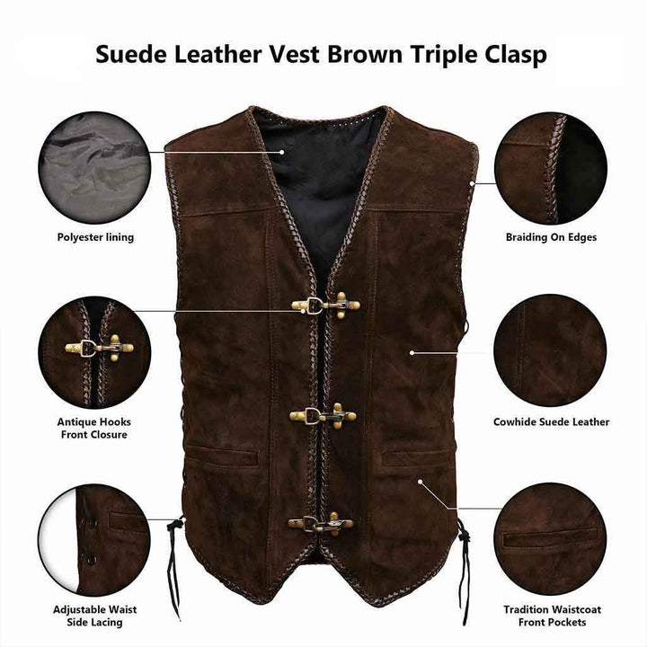 Handmade Men's Genuine Suede Leather Cowboy Heavy Zipper Buckled Rocker Biker Motorcycle Vintage Winter Waistcoat Antique Gifts For Bikers