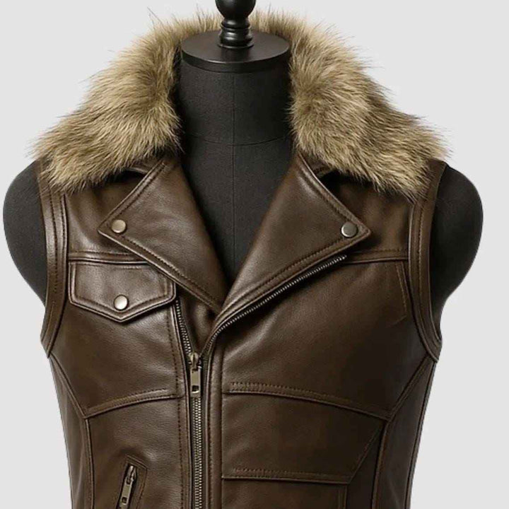 Men’s Brown Leather Biker Vest with Fur Collar, Genuine Sheepskin Hunting Café Racer Vest, Real Leather Sleeveless Jacket for Winter Fashion