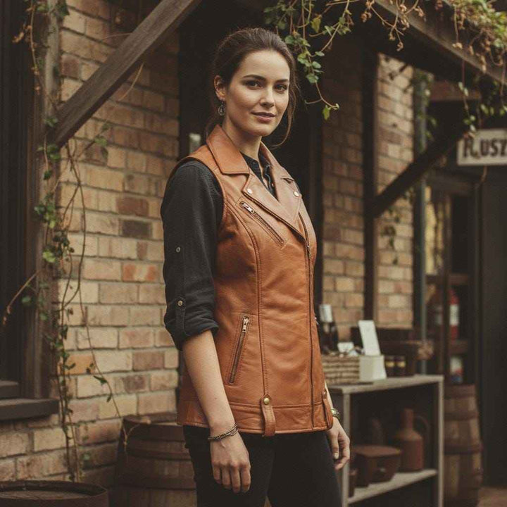 Luxury New Ladies Biker Waistcoat Tan Real Nappa Leather Casual Style Design | Real Leather Biker Vest | Women's Leather Vest | Gift for her