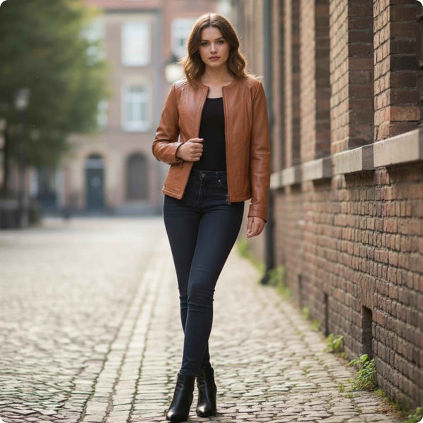 Womens Real Leather Collarless Fashion Jacket Slim Fit Style Tan, Handmade Custom Motorcycle Leather Jacket-Ladies Winter Leather Jacket