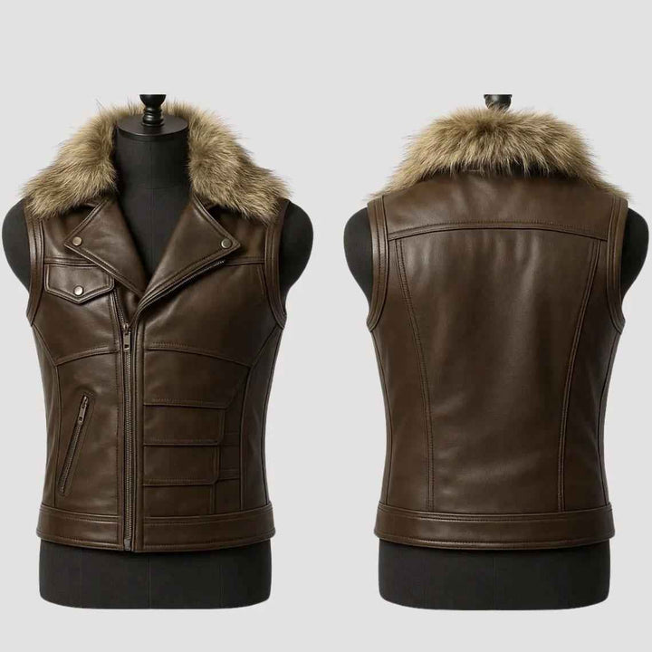 Men’s Brown Leather Biker Vest with Fur Collar, Genuine Sheepskin Hunting Café Racer Vest, Real Leather Sleeveless Jacket for Winter Fashion