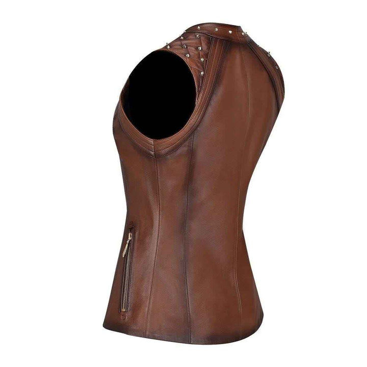 Brown Casual Fashion Leather Vest For Women, Genuine Black Leather Motorcycle Vest, Women's Biker Fashion, Motorcycle Club Style Waistcoat