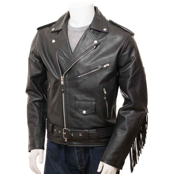Men's American Moto Genuine Cowhide Leather Jacket with Fringe Cowboy Jacket, Men Fringe Leather Jacket, Men Moto Jacket, Black -fringed