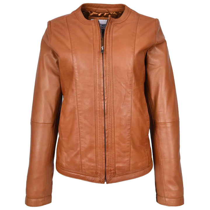Womens Real Leather Collarless Fashion Jacket Slim Fit Style Tan, Handmade Custom Motorcycle Leather Jacket-Ladies Winter Leather Jacket