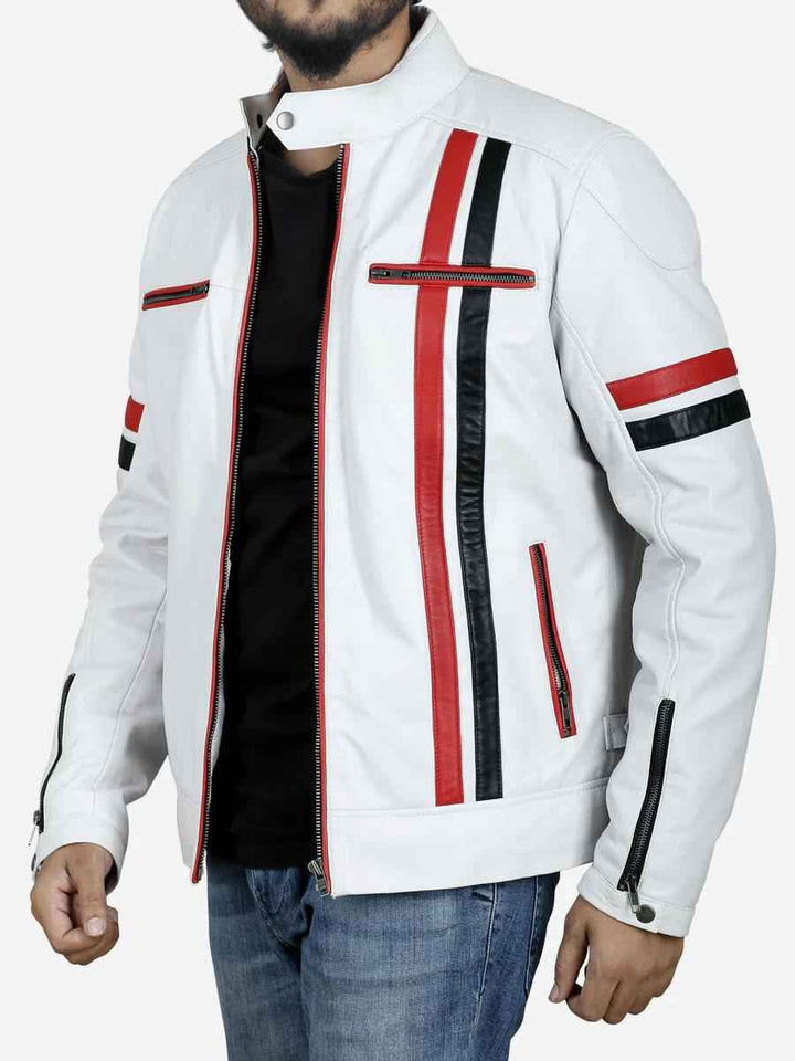 White Motorcycle Leather Jacket with Red and Black Stripes, Men's Real Leather Jacket, Customized Mens Jacket Gift for him, Gifts For Bikers