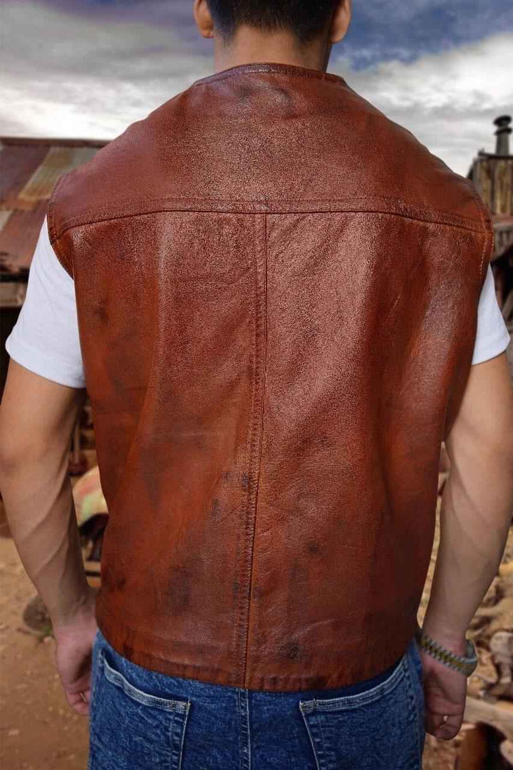 Men’s Real Leather Motorcycle Waxed Brown Distressed Leather Biker Jacket, Real Lambskin Casual Motorcycle Vest, Slim Leather Waistcoat