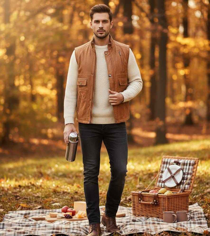 Men Classic Motorcycle Brown Leather Vest, Motorcycle Vest, Leather Jacket Men, Hunting Fishing Vest, Handmade Genuine Leather Custom Vest
