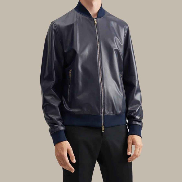 Men’s Blue Leather Bomber Jacket, Handmade Genuine Lambskin Casual Flight Style Ribbed Hems, Classic Slim Fit Lightweight Leather Jacket