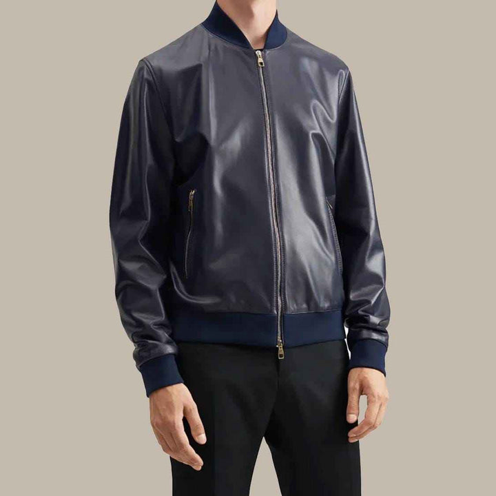 Men’s Blue Leather Bomber Jacket, Handmade Genuine Lambskin Casual Flight Style Ribbed Hems, Classic Slim Fit Lightweight Leather Jacket