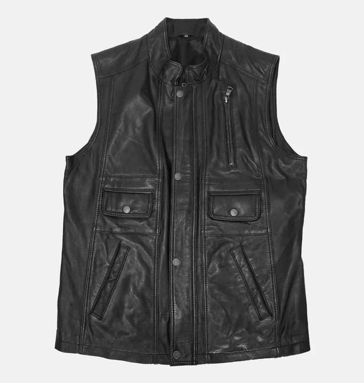 Mens Handmade Black Leather Hunting Vest, Fishing Vest, Leisure Vest, Leather Vest Casual Motorcycle Biker Leather Vest gift for him and dad