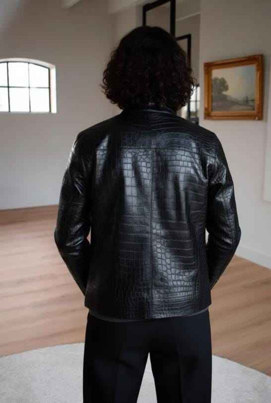 Handmade Men's Crocodile Leather Jacket Alligator Textured Embossed Crocodile Genuine Leather Jacket Men Biker Jacket gifts for him