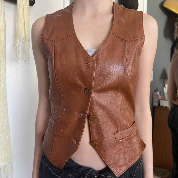 American Vintage Women's Brown Gilet, leather Vest For Ladies, Bikers vest, Fashion Vest, Women Motorcycle Vest, Genuine Leather Vest
