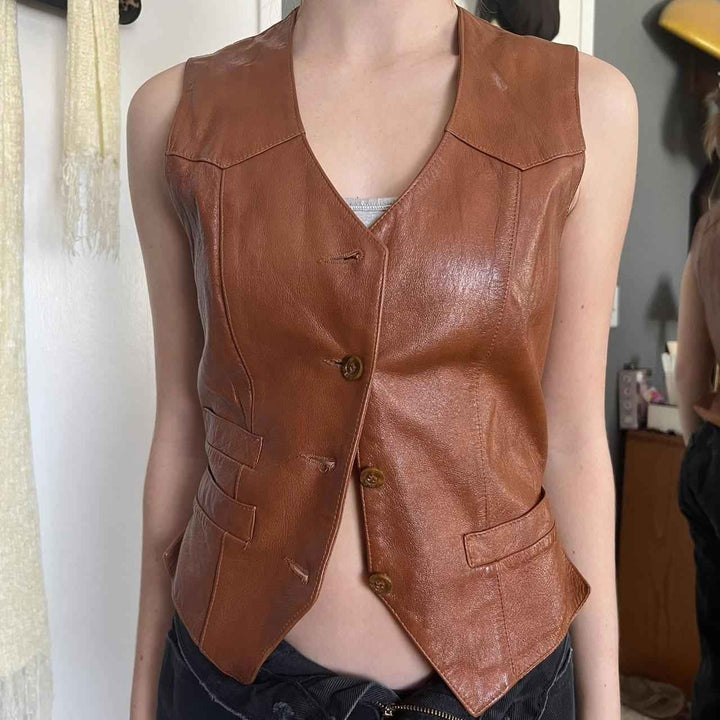 American Vintage Women's Brown Gilet, leather Vest For Ladies, Bikers vest, Fashion Vest, Women Motorcycle Vest, Genuine Leather Vest