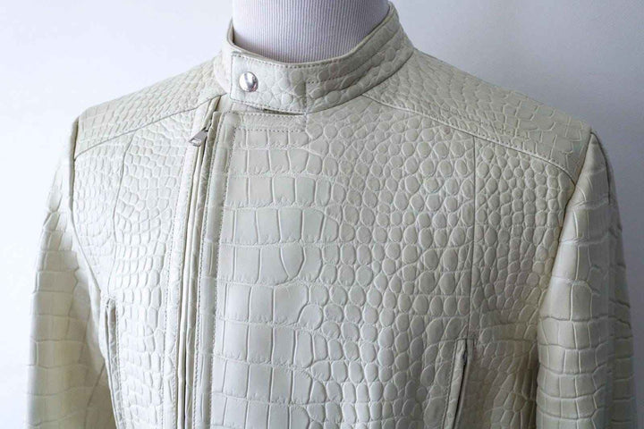 Crocodile Embossed Leather Jacket Mens White Leather Jacket Crocodile Print Jacket Alligator Embossed Luxury Leather Motorcycle Jacket