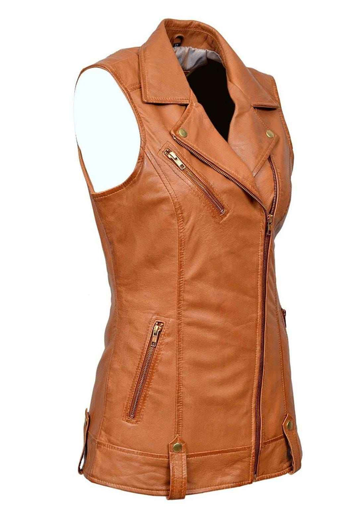 Luxury New Ladies Biker Waistcoat Tan Real Nappa Leather Casual Style Design | Real Leather Biker Vest | Women's Leather Vest | Gift for her