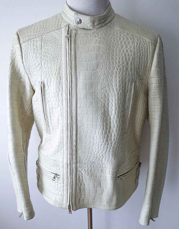 Crocodile Embossed Leather Jacket Mens White Leather Jacket Crocodile Print Jacket Alligator Embossed Luxury Leather Motorcycle Jacket