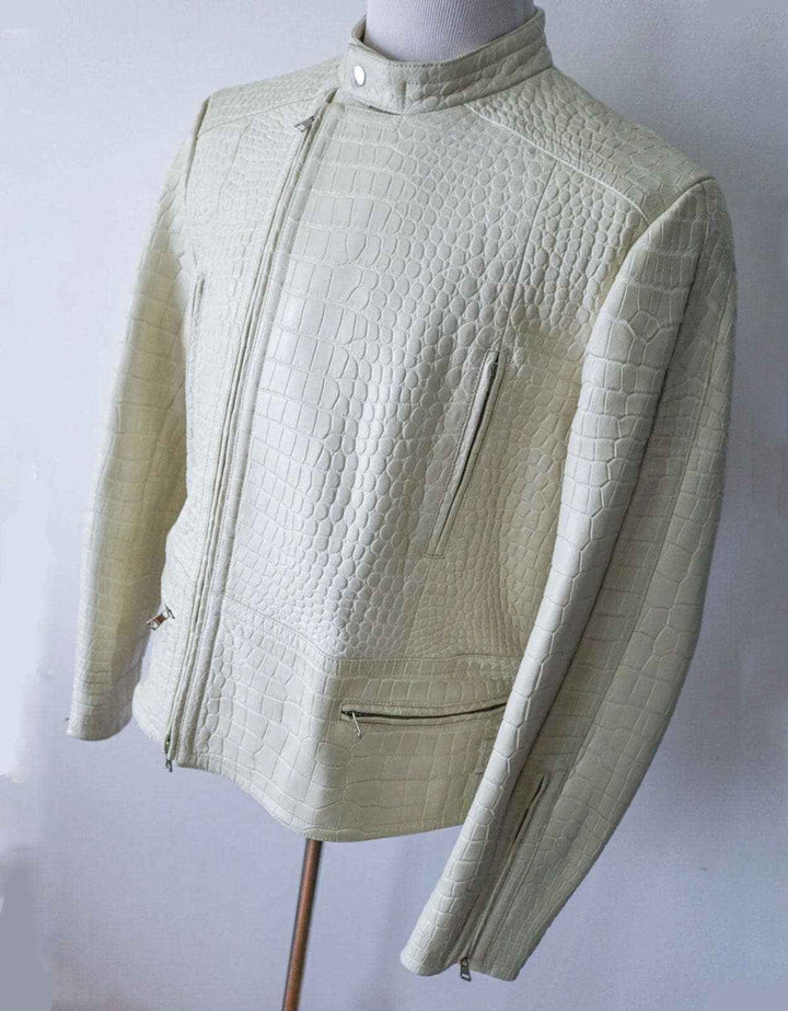 Crocodile Embossed Leather Jacket Mens White Leather Jacket Crocodile Print Jacket Alligator Embossed Luxury Leather Motorcycle Jacket